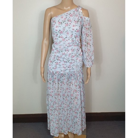 HELLO MOLLY floral maxi Dress Sze 6 blue One Shoulder front slit Ruffle Cocktail - Picture 5 of 8